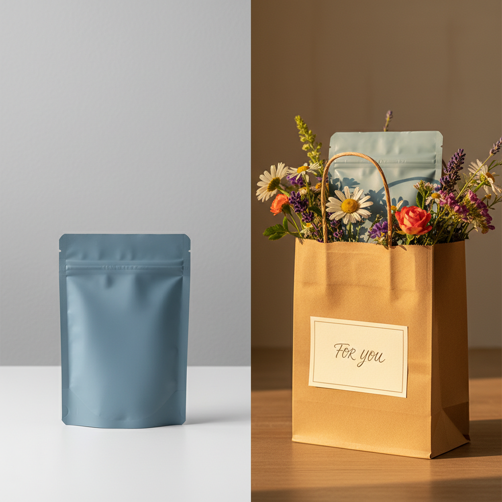 Comparação produto embalado em plástico vs papel