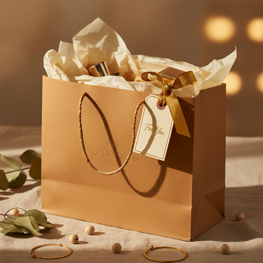 Sacola de papel premium com produto embalado